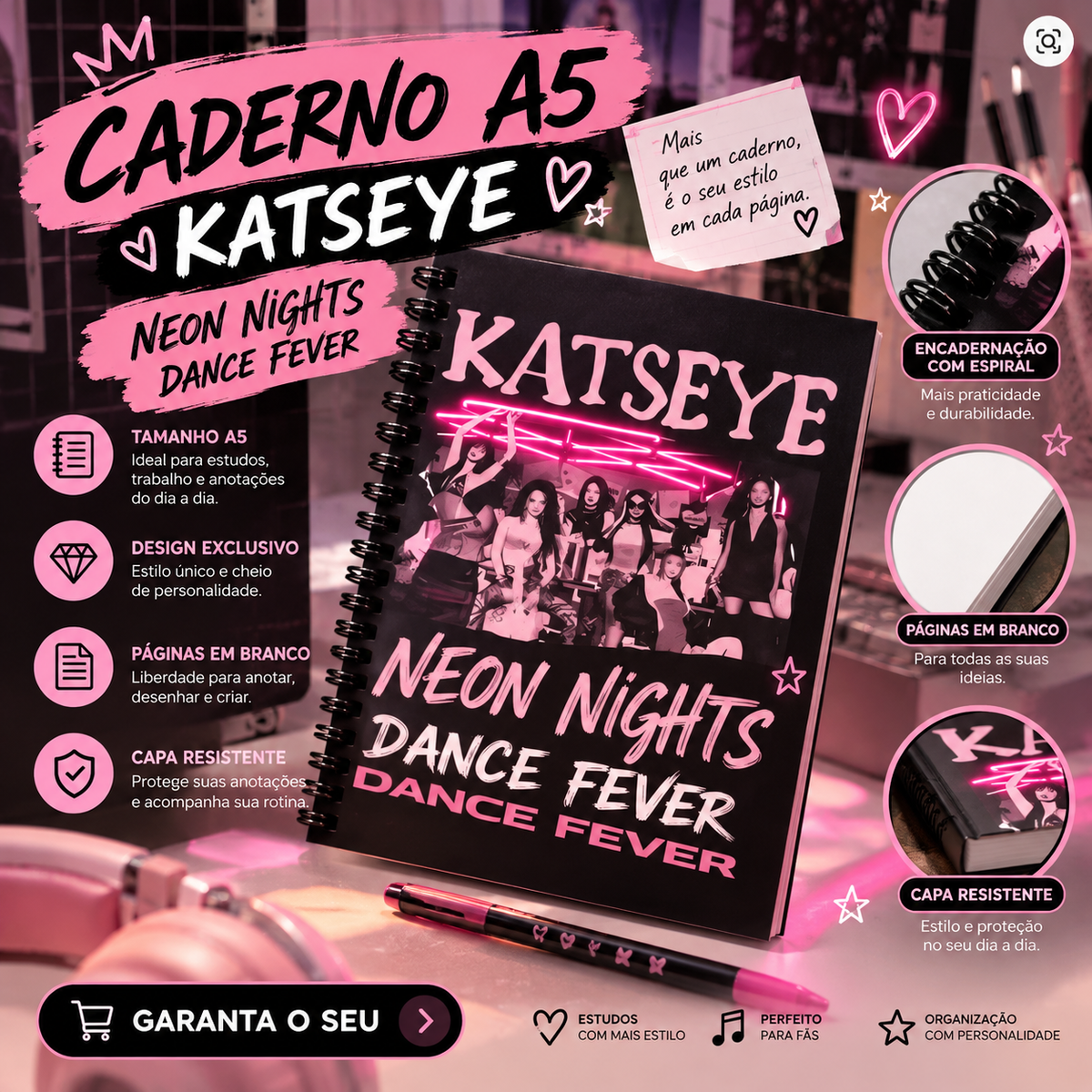 Caderno Espiral KATSEYE – Neon Nights Dance Fever 💗✨