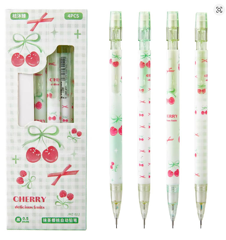 Kit 4 Lapiseiras Kawaii 0.5mm com Borracha 🍒✏️