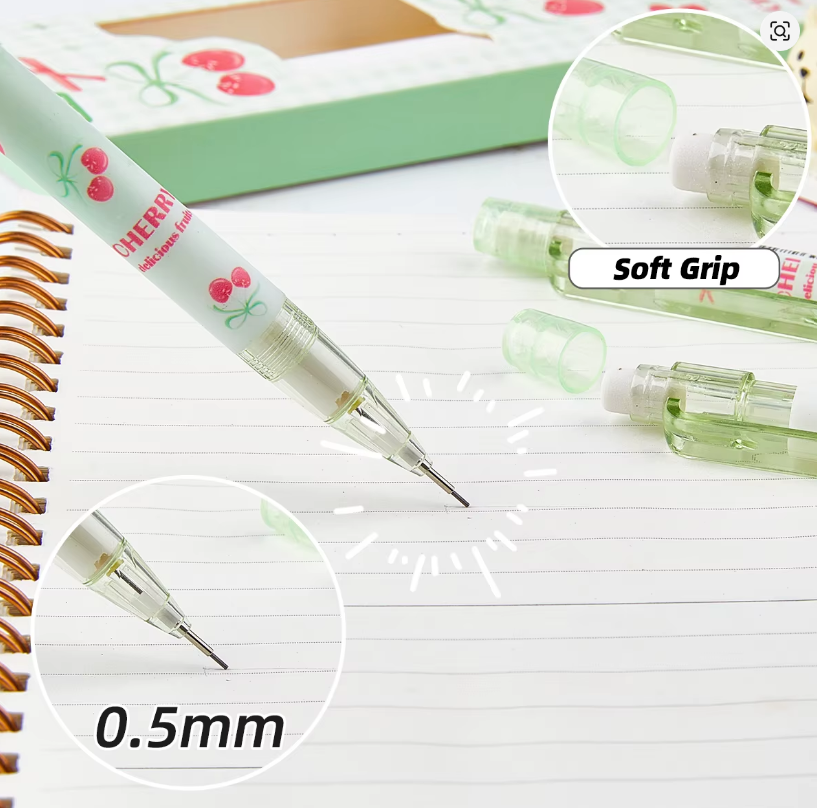 Kit 4 Lapiseiras Kawaii 0.5mm com Borracha 🍒✏️
