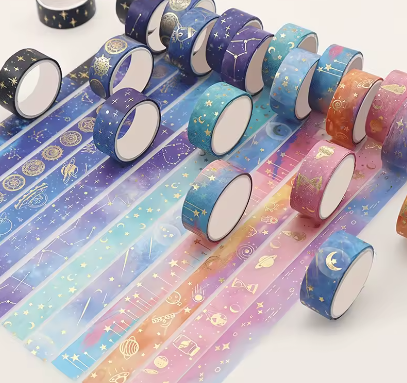 Kit 12 Fitas Washi Celestial com Detalhes Dourados 🌙✨