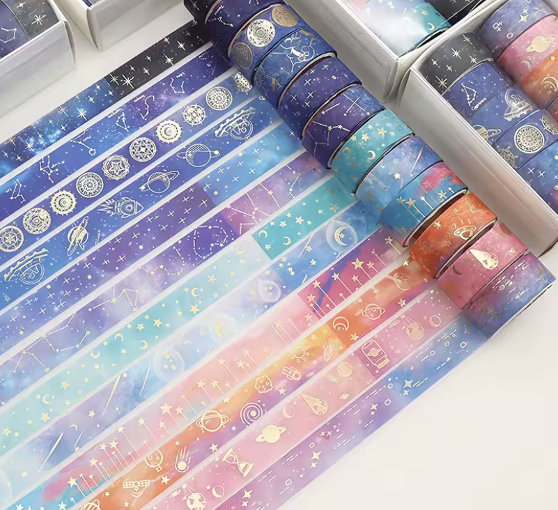 Kit 12 Fitas Washi Celestial com Detalhes Dourados 🌙✨