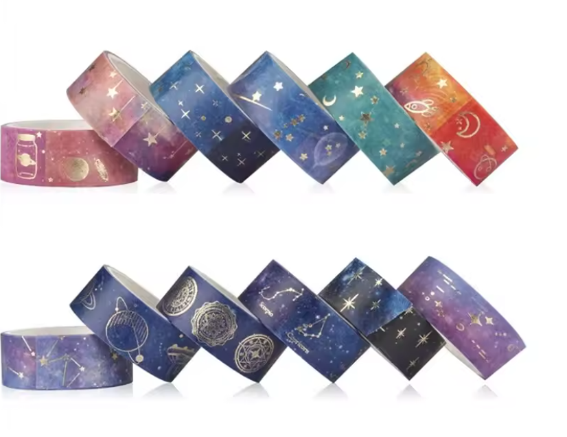 Kit 12 Fitas Washi Celestial com Detalhes Dourados 🌙✨