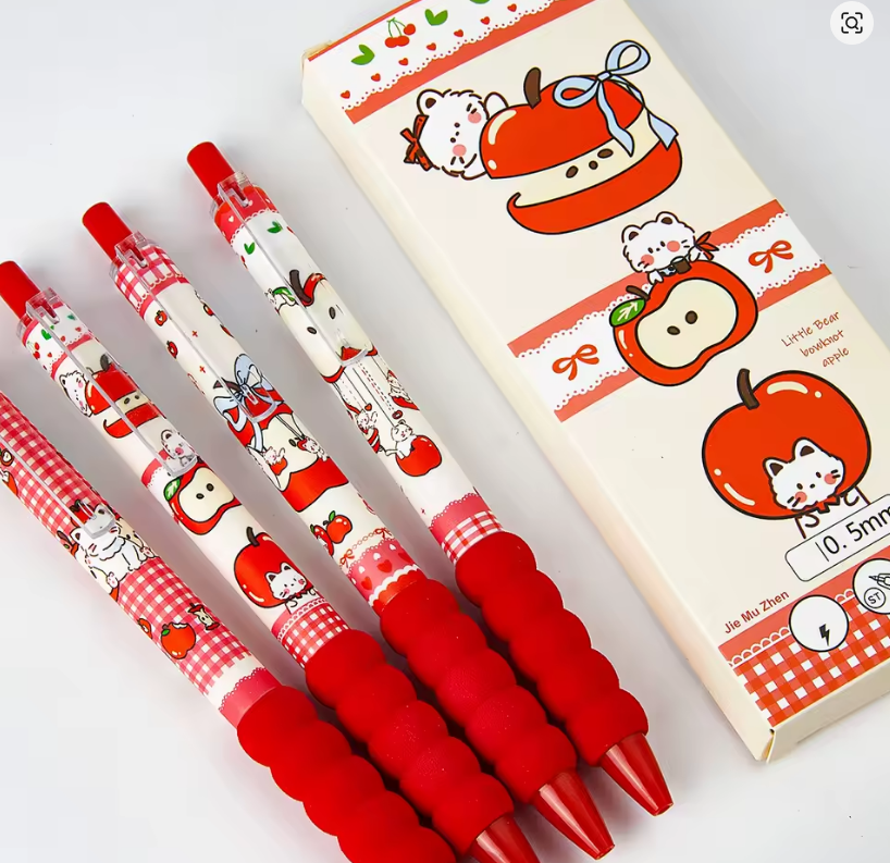 Kit 4 Canetas Gel Kawaii Apple Cat 0.5mm com Soft Grip 🍎🐱