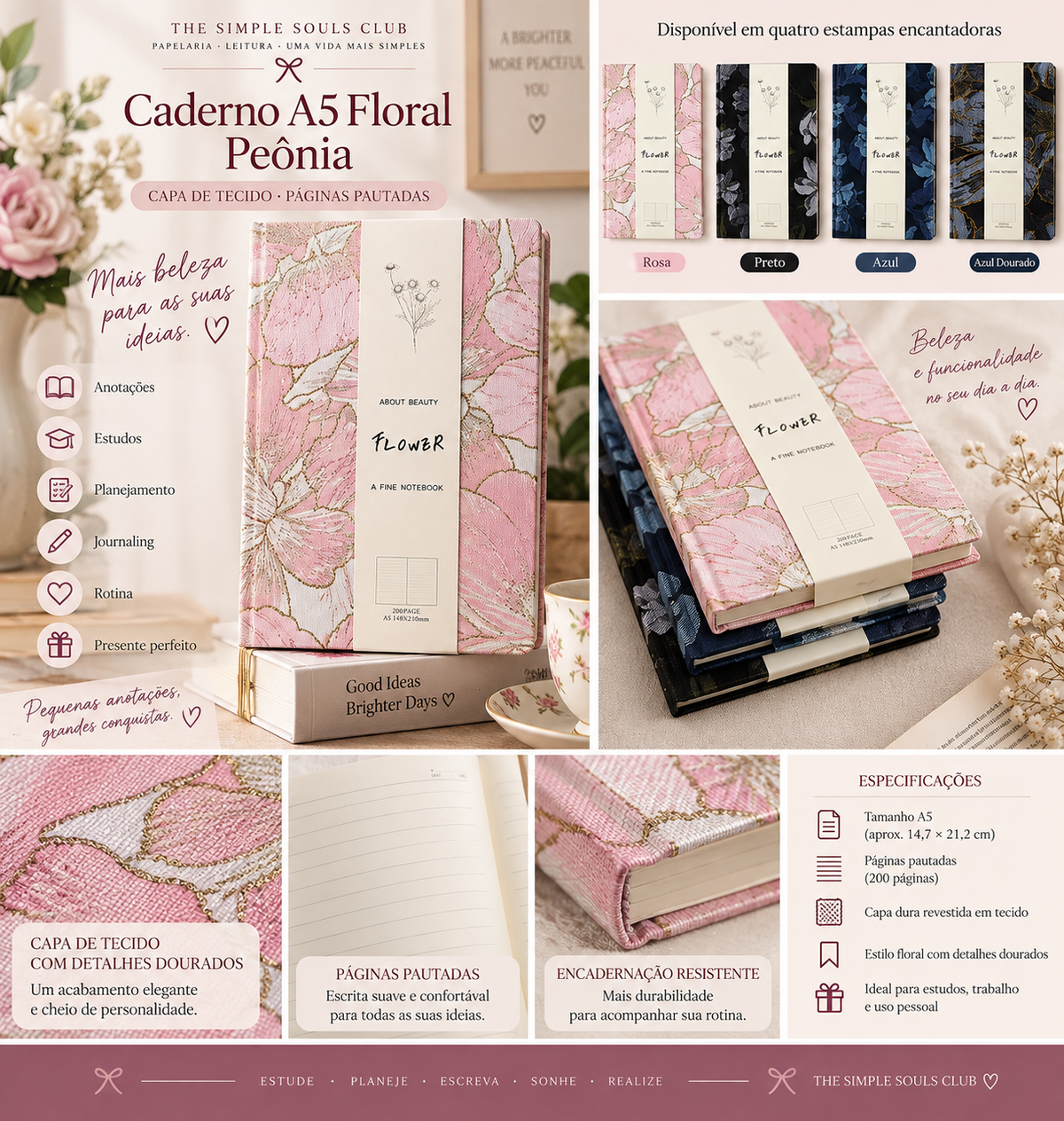 Caderno A5 Floral Peônia com Capa de Tecido e Páginas Pautadas