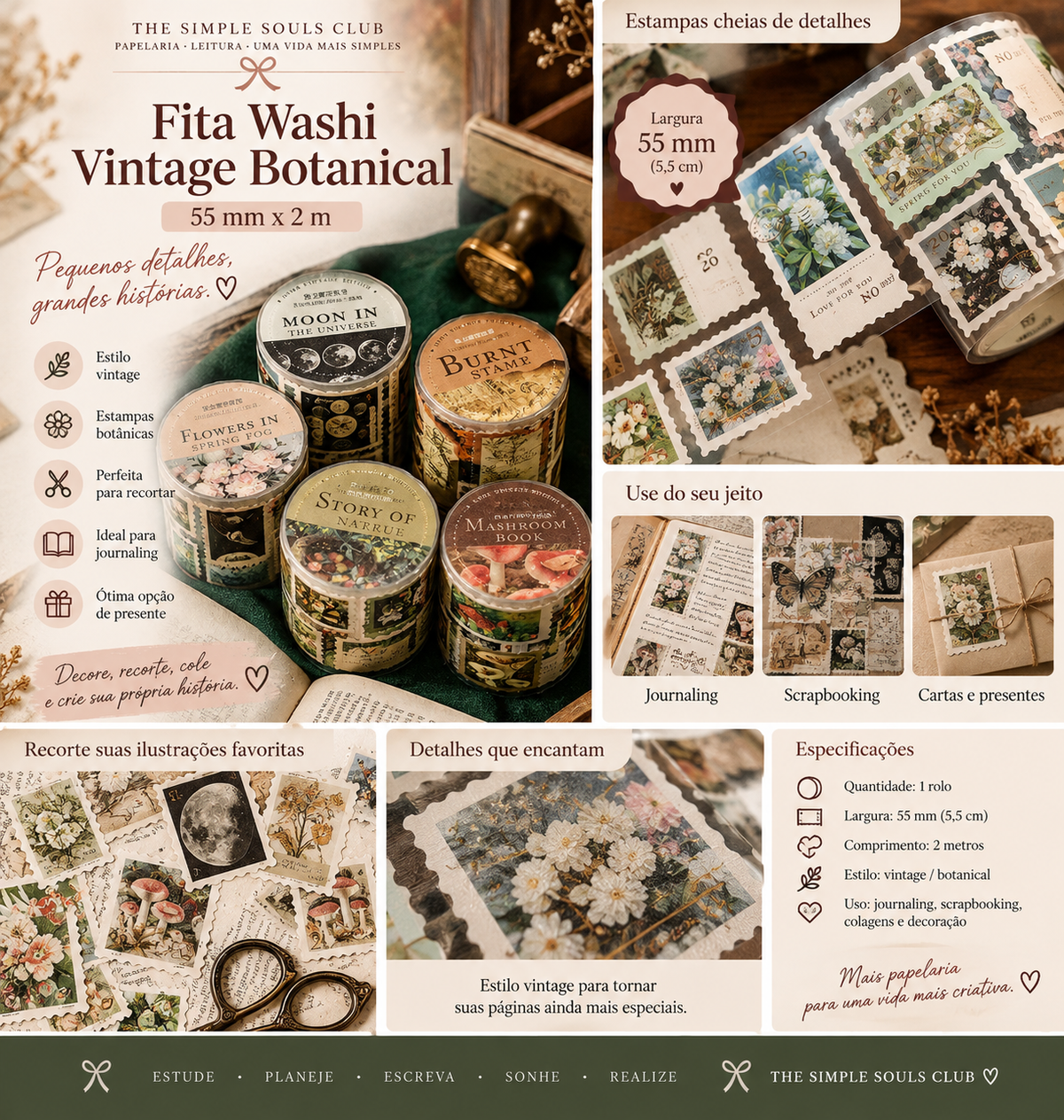 Fita Washi Vintage Botanical – 55mm x 2m