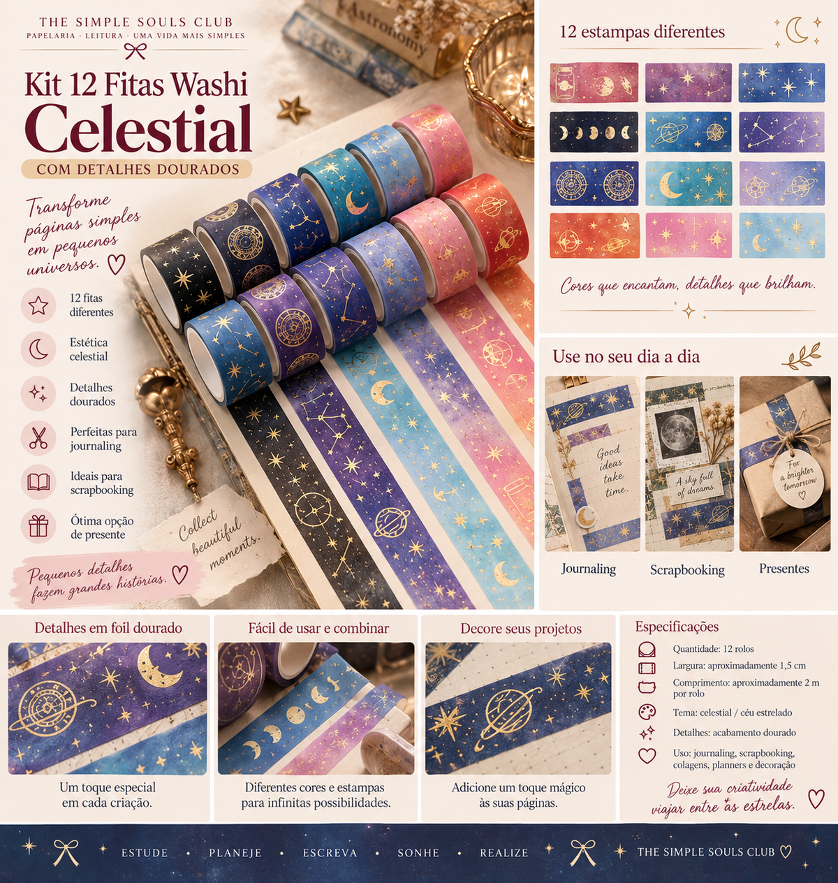 Kit 12 Fitas Washi Celestial com Detalhes Dourados
