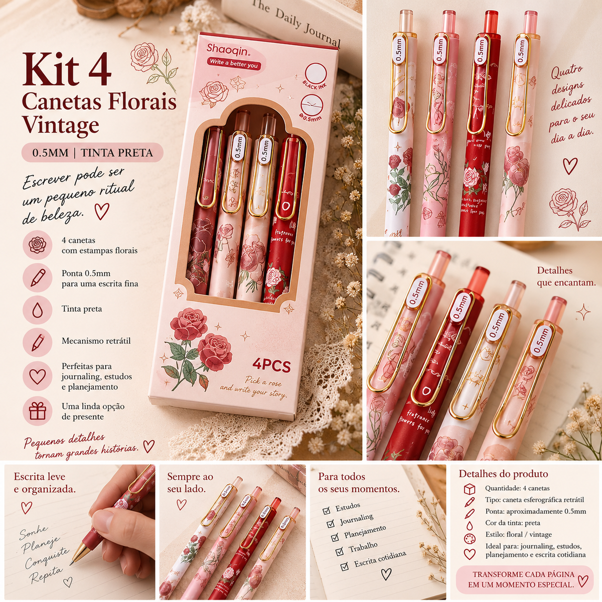 Kit 4 Canetas Florais Vintage 0.5mm