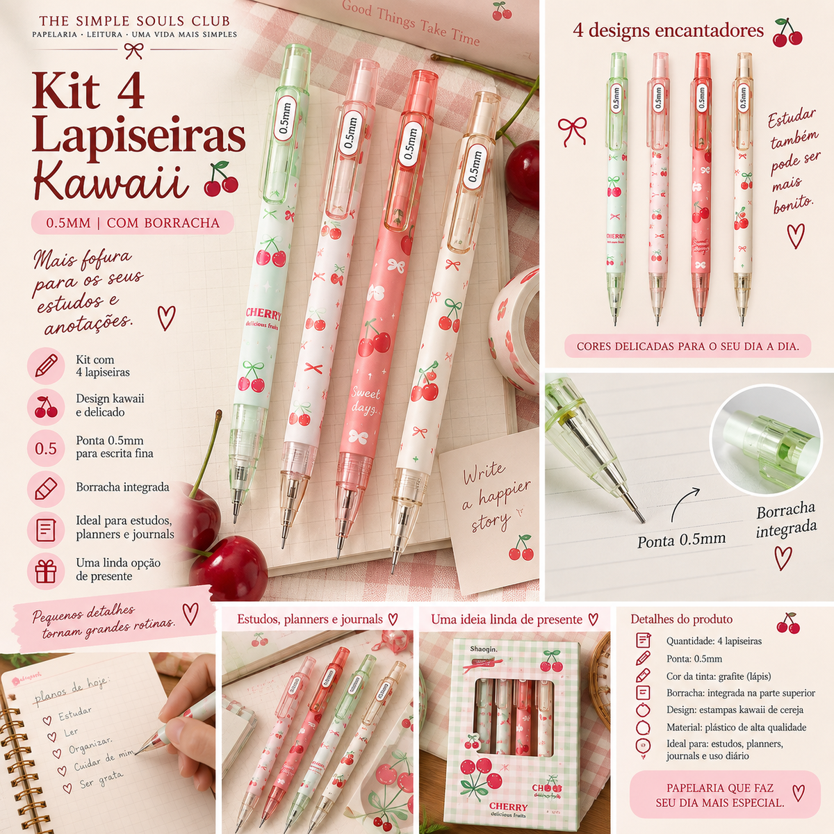 Kit 4 Lapiseiras Kawaii 0.5mm com Borracha