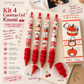 Kit 4 Canetas Gel Kawaii Apple Cat 0.5mm com Soft Grip