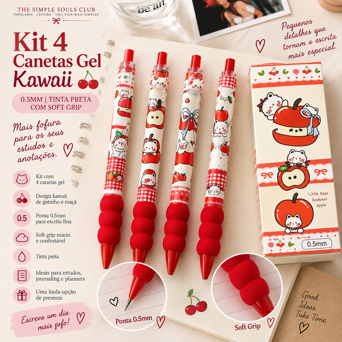 Kit 4 Canetas Gel Kawaii Apple Cat 0.5mm com Soft Grip