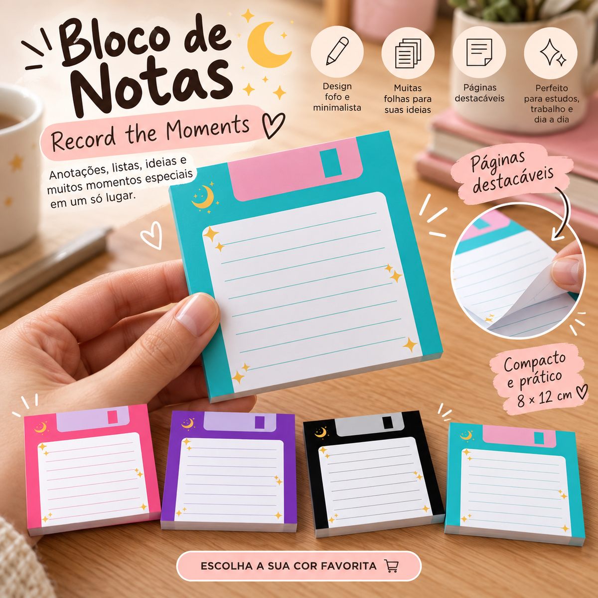 Kit 4 Blocos de Notas Adesivas Disquete Retrô