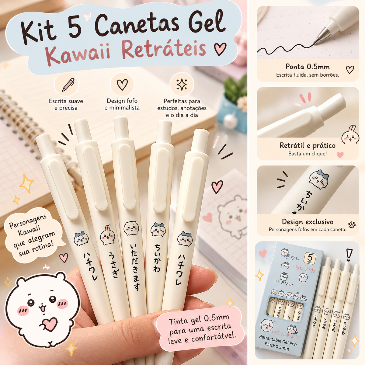 Kit 5 Canetas Gel Kawaii 0.5mm – Tinta Preta